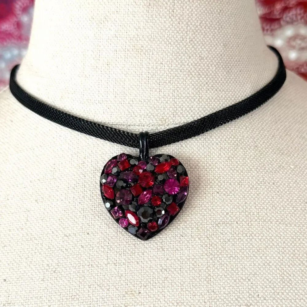 Red Pink Rhinestone Heart Pendant Black Mesh Choker Necklace